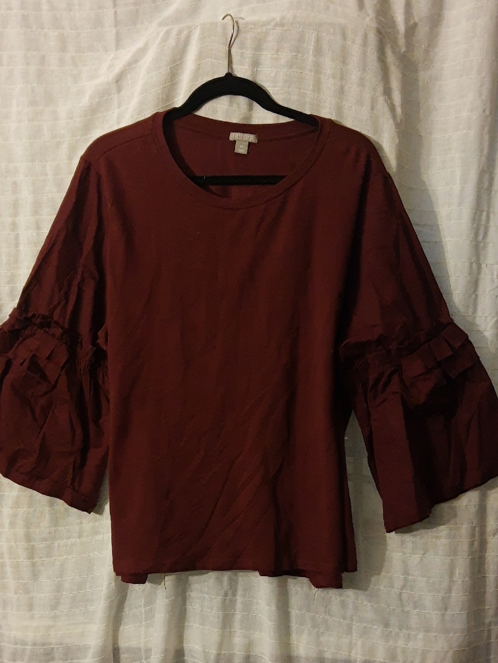 a new day Wine Ruffle Bell Sleeve Long Sleeve Top
